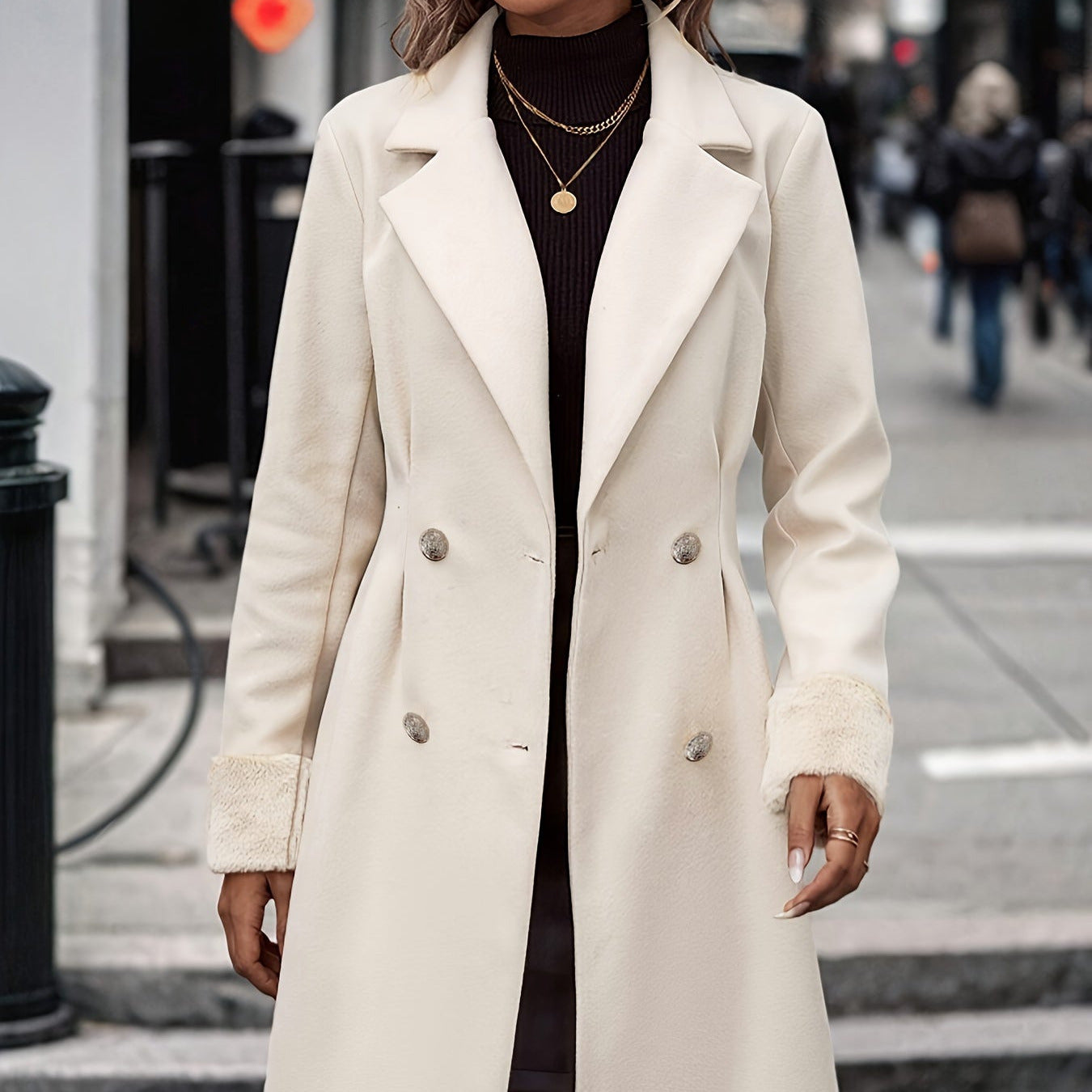 Studio Harvyn | Women - Apricot Double-Breasted Coat - Fuzzy Cuffs