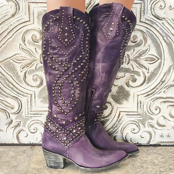 Studio Harvyn | Women - Distressed Knee-High Cowboy Boots - Riveted