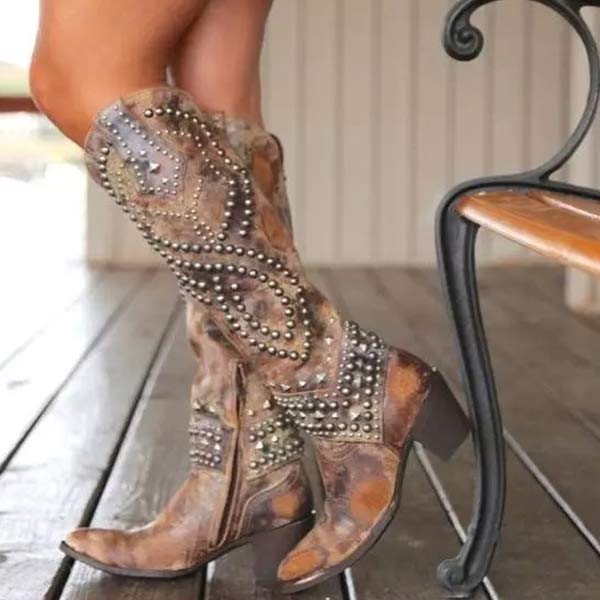 Studio Harvyn | Women - Distressed Knee-High Cowboy Boots - Riveted