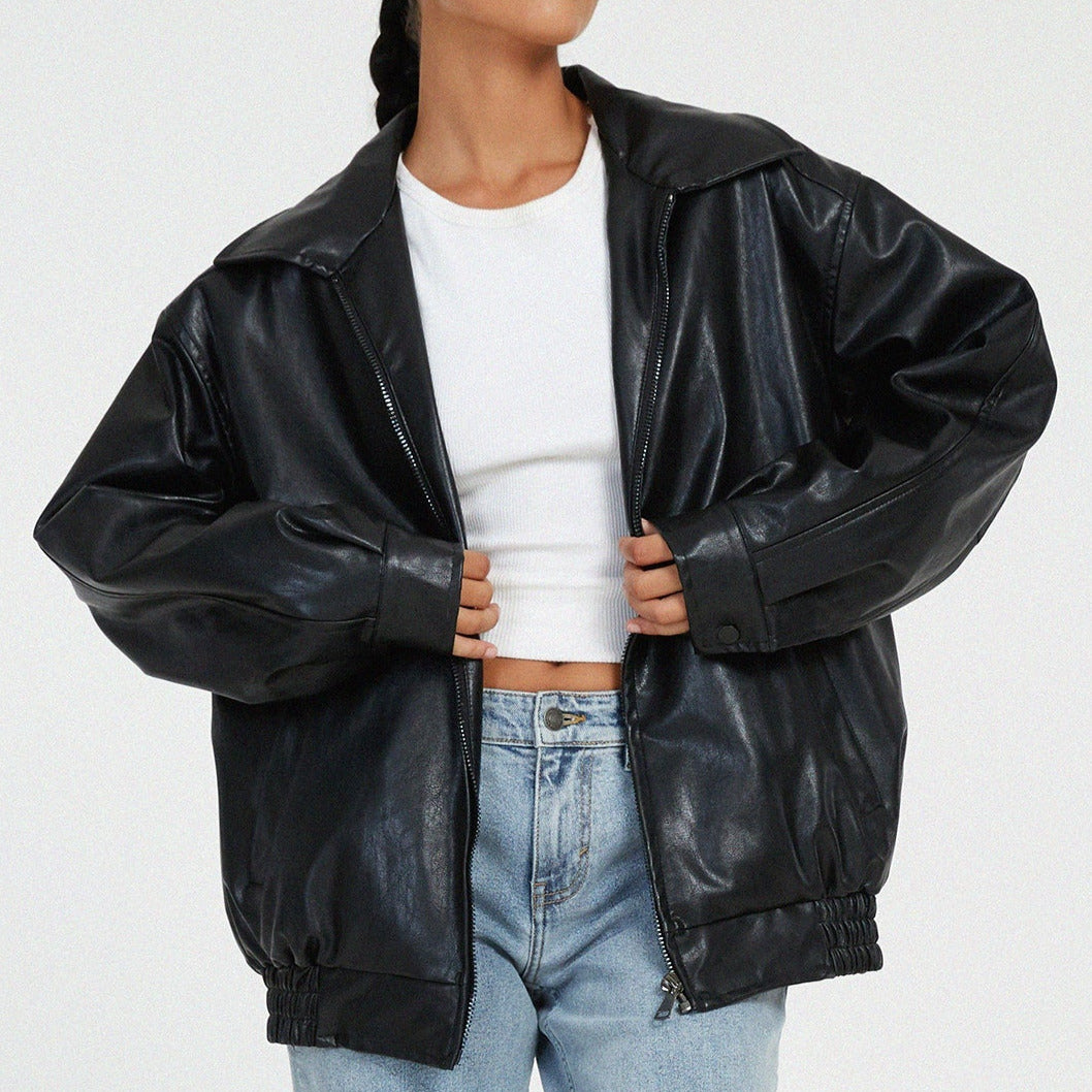 Studio Harvyn | Women - Relaxed Leather Jacket - Zip-Up High Collar Fit