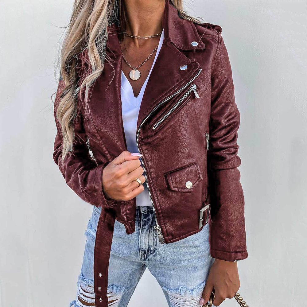 Studio Harvyn | Women - Faux Leather Jacket – Belted Zip-Up Style