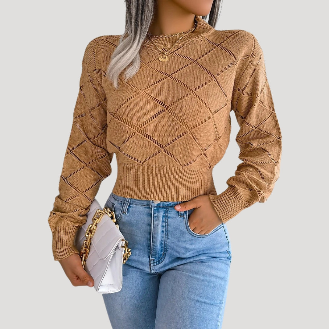 Studio Harvyn | Women - Cropped Knitted High Neck Pullover Jumper - Diamond Pattern