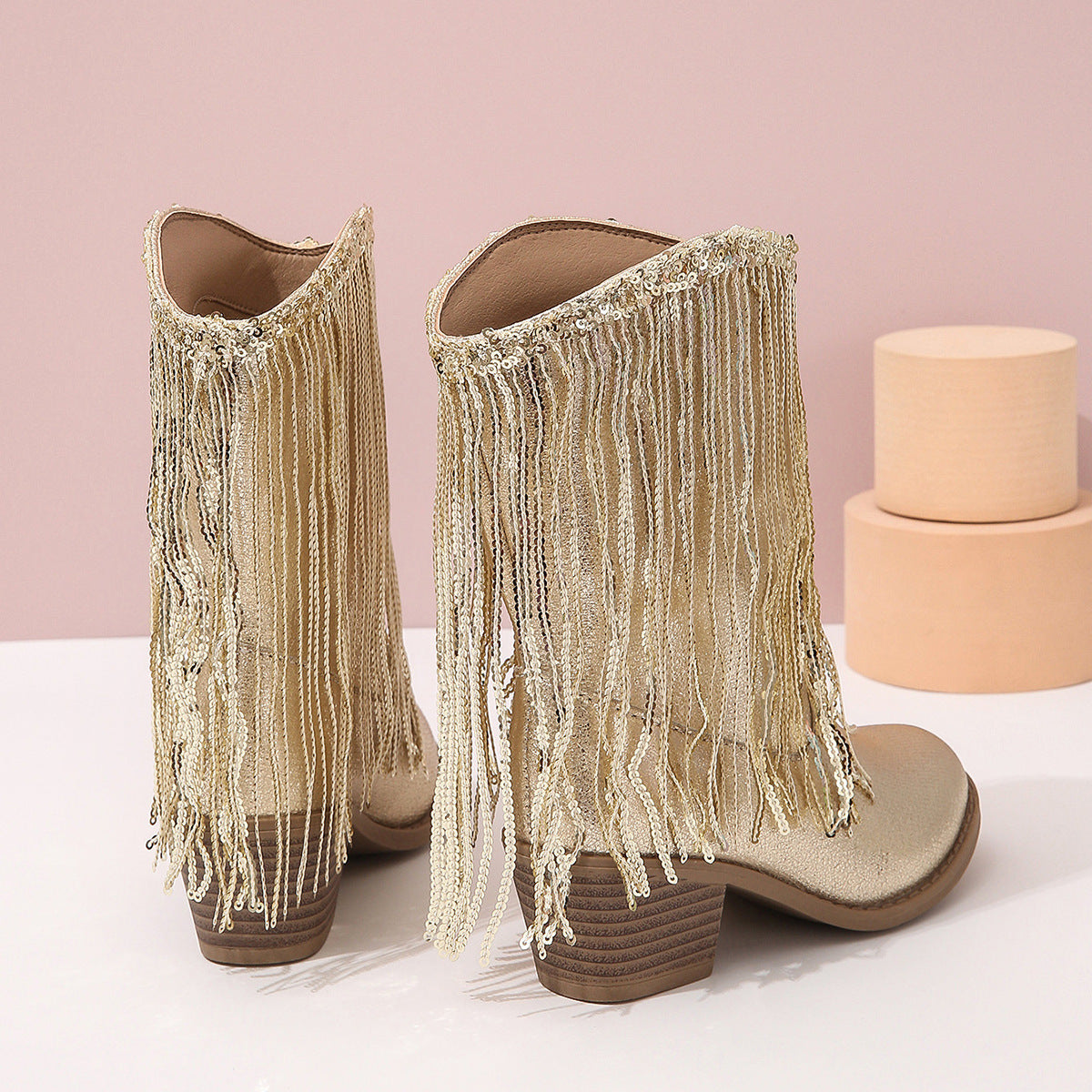 Studio Harvyn | Women - Mid-Calf Cowboy Boots - Sequin & Fringe Design