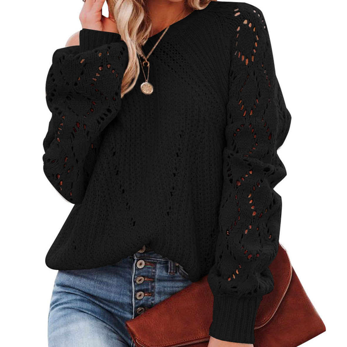 Studio Harvyn | Women - Lace Pattern Knitted Jumper - Voluminous Sleeves
