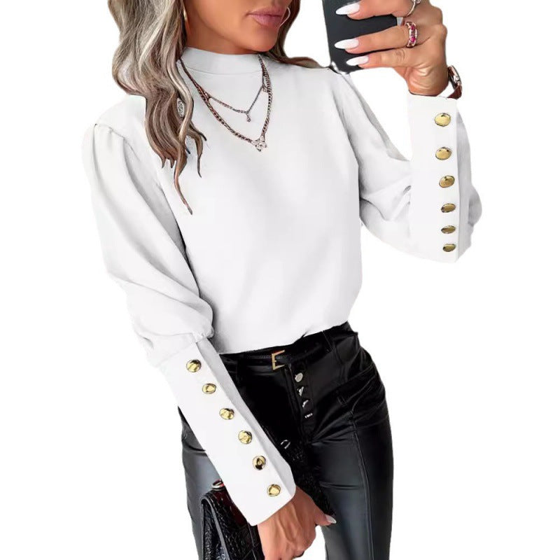 Studio Harvyn | Women - Elegant Puff Sleeves Blouse - Gold Buttons