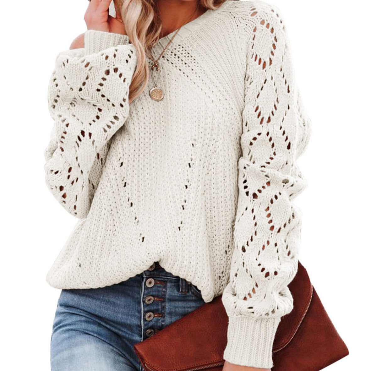 Studio Harvyn | Women - Lace Pattern Knitted Jumper - Voluminous Sleeves