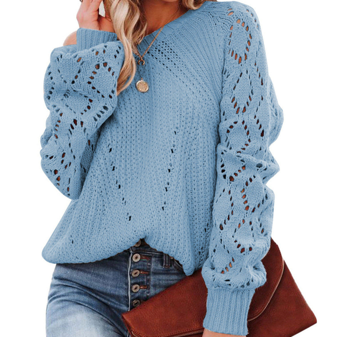 Studio Harvyn | Women - Lace Pattern Knitted Jumper - Voluminous Sleeves