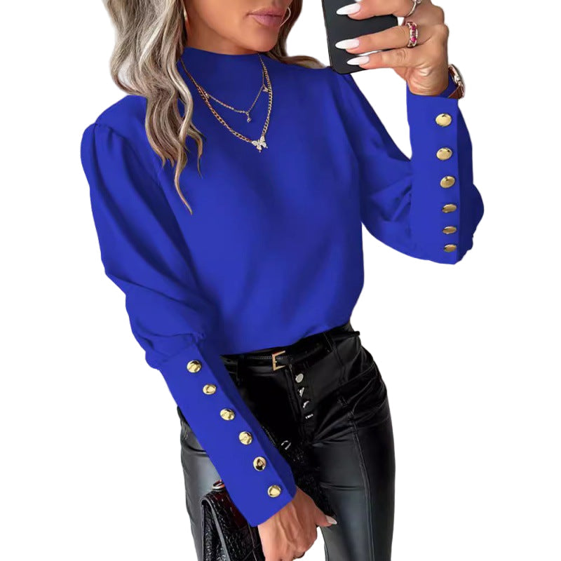 Studio Harvyn | Women - Elegant Puff Sleeves Blouse - Gold Buttons