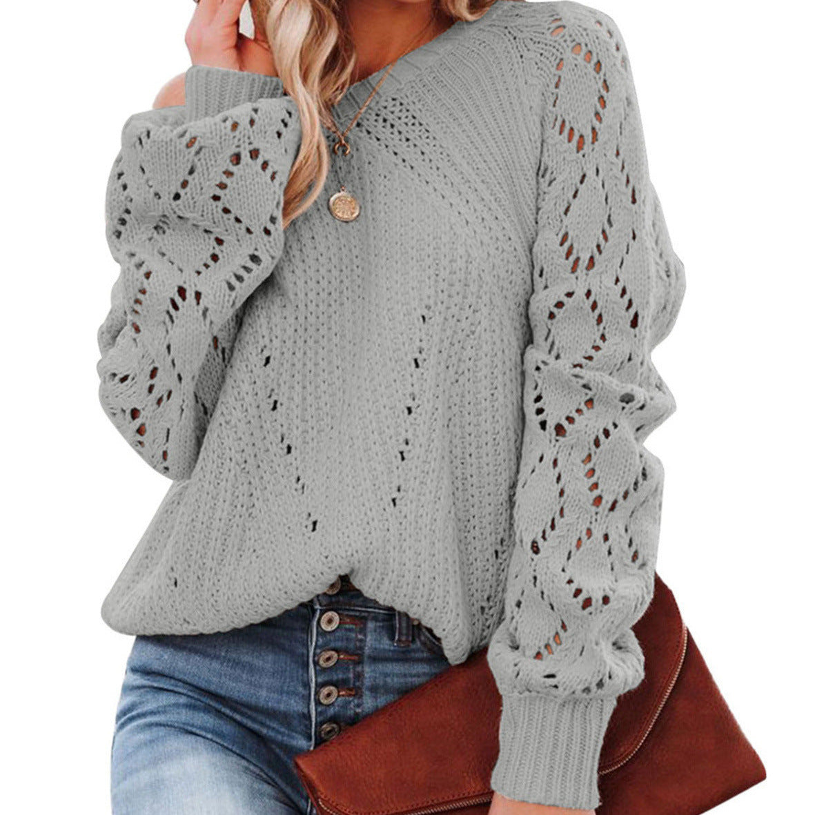 Studio Harvyn | Women - Lace Pattern Knitted Jumper - Voluminous Sleeves