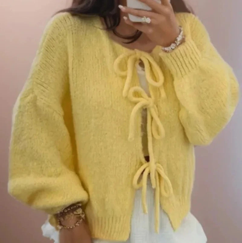 Studio Harvyn | Women – Balloon Sleeves Knitted Cardigan - Tie Front