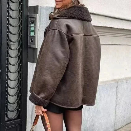 Studio Harvyn | Women – Leather Winter Jacket - Plush Lining & Wide Collar