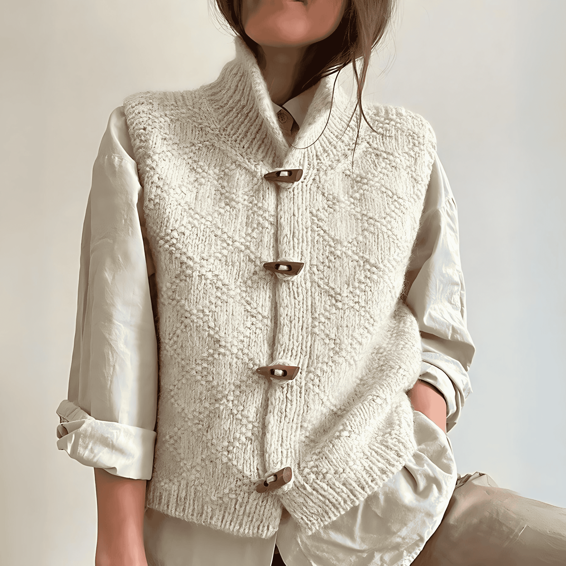 Studio Harvyn | Women - Beige Gilet - Stand Collar & Toggle Fastening