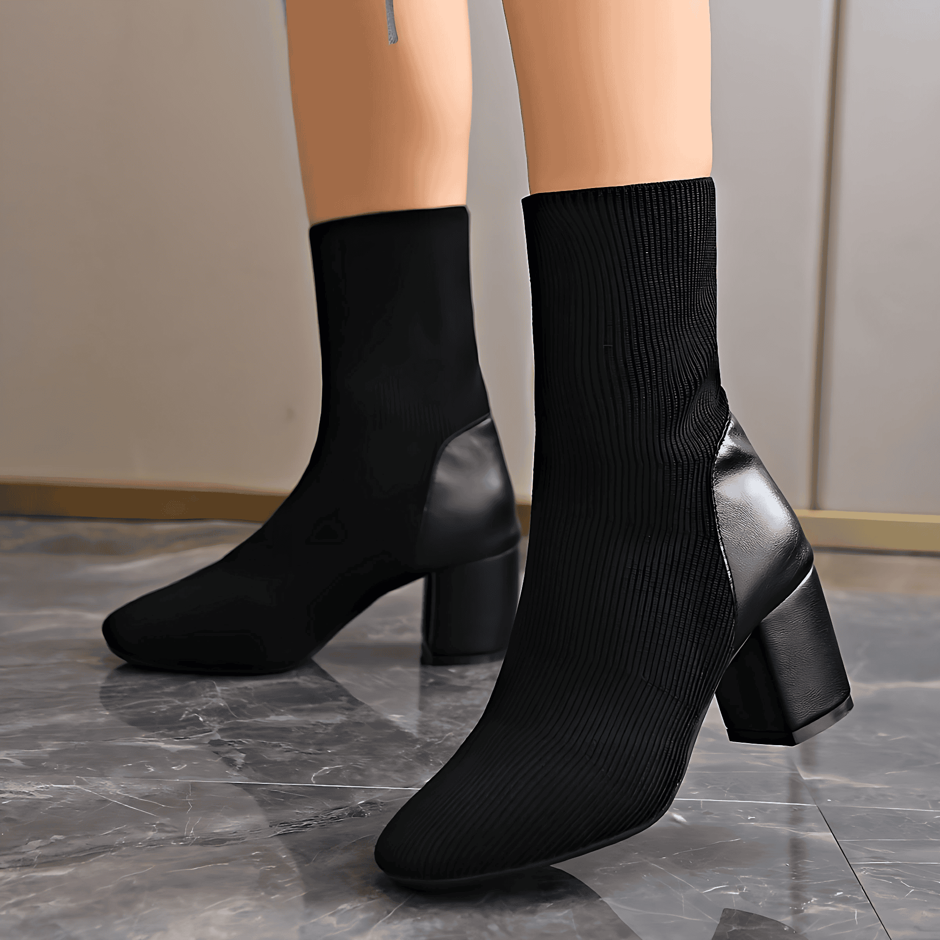 Studio Harvyn | Women - Black Knitted Ankle Boots - Chunky Heel