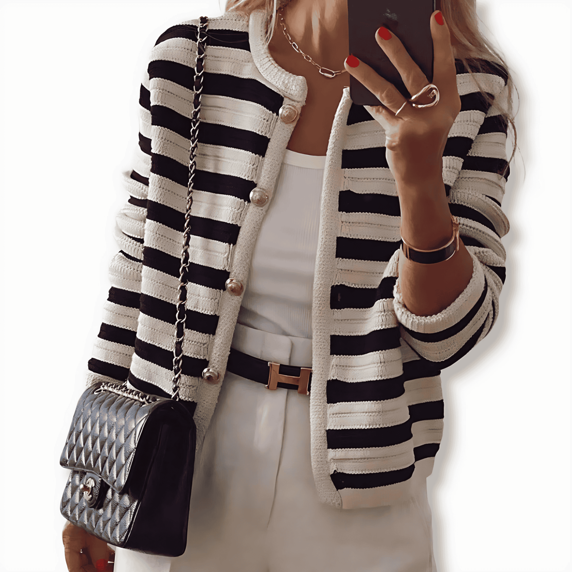 Studio Harvyn | Women - Classic Fit Striped Cardigan - Button Front Style