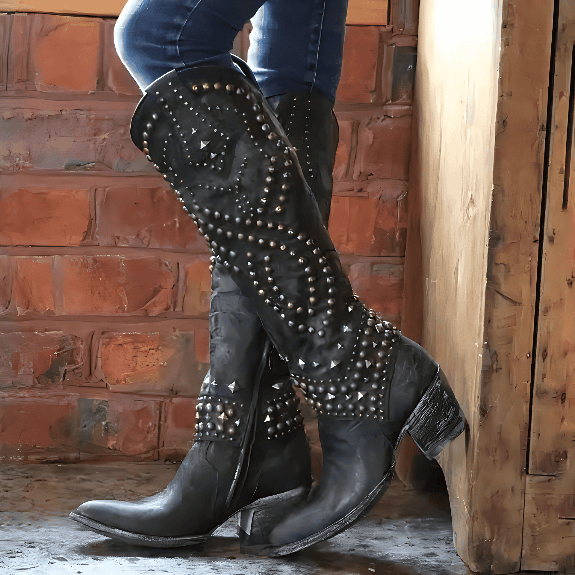 Studio Harvyn | Women - Distressed Knee-High Cowboy Boots - Riveted