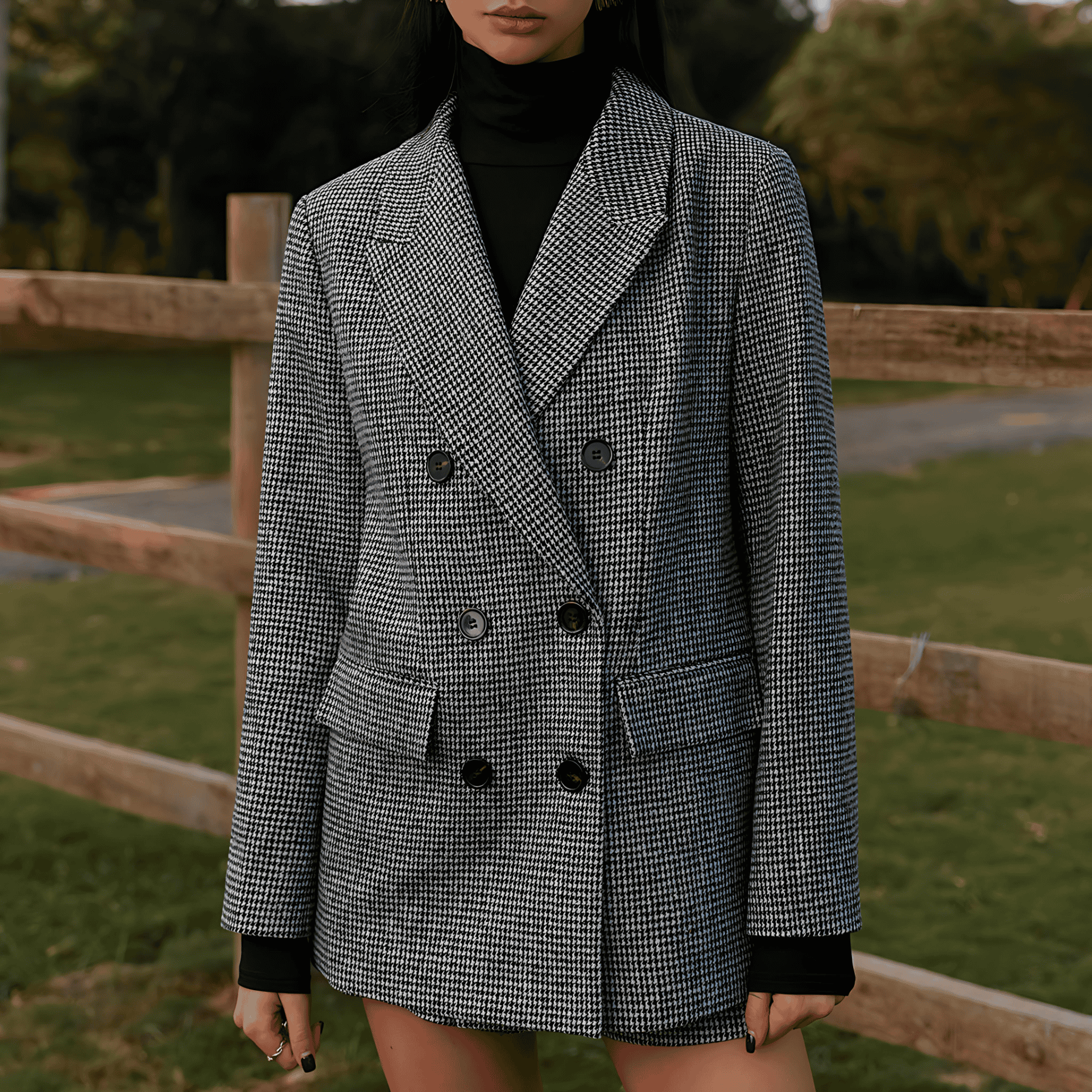 Studio Harvyn | Women - Double-Breasted Tweed Blazer - Houndstooth pattern