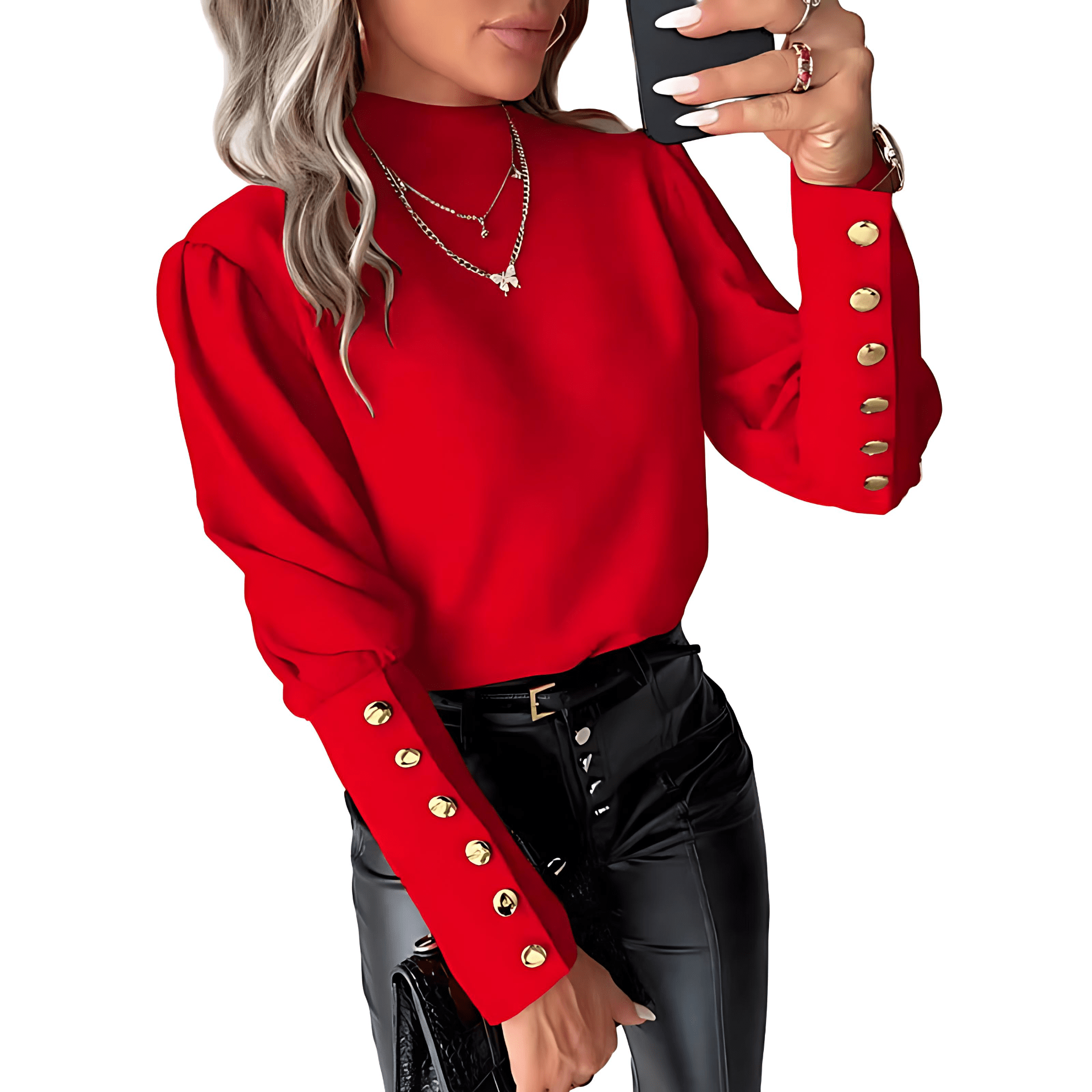 Studio Harvyn | Women - Elegant Puff Sleeves Blouse - Gold Buttons