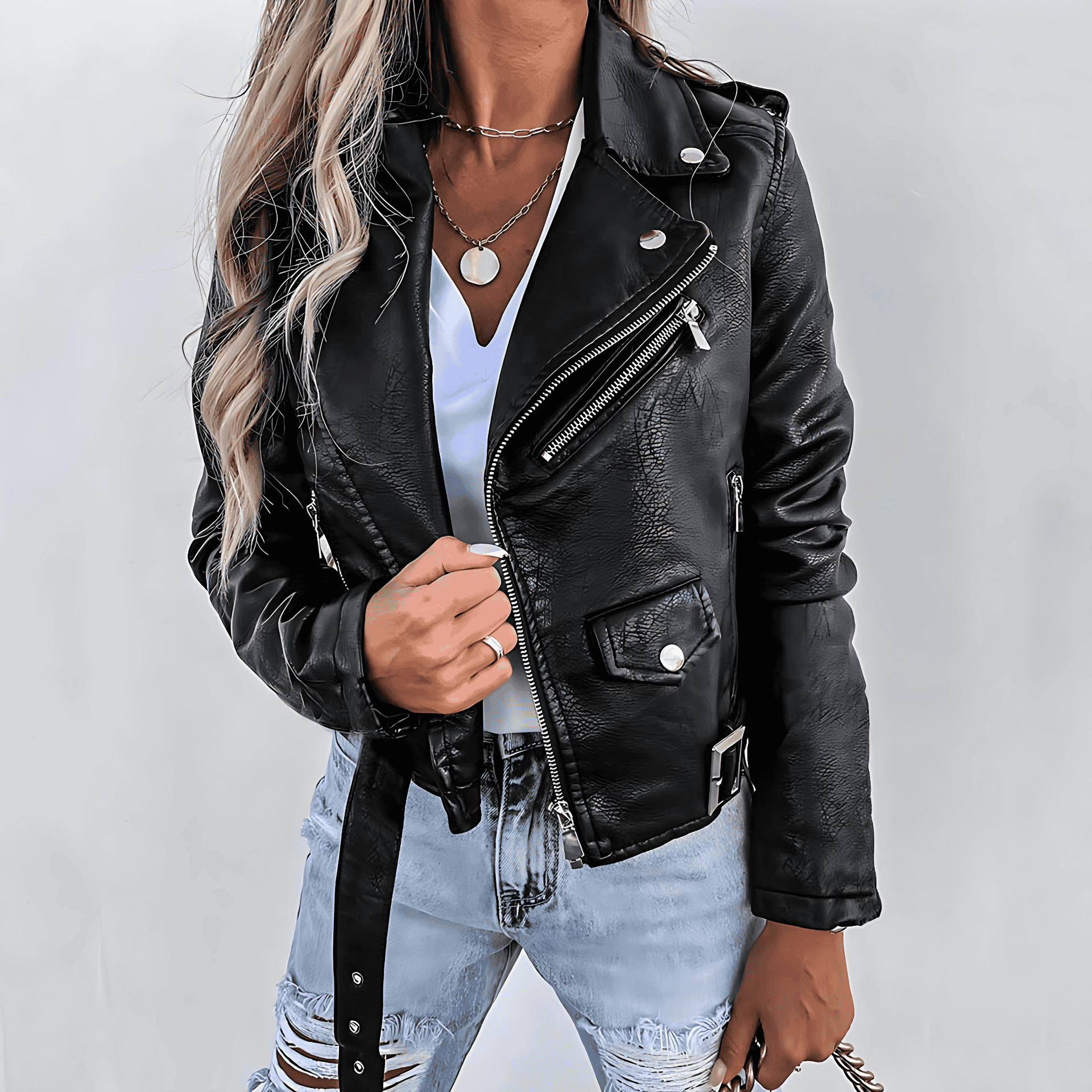 Studio Harvyn | Women - Faux Leather Jacket – Belted Zip-Up Style