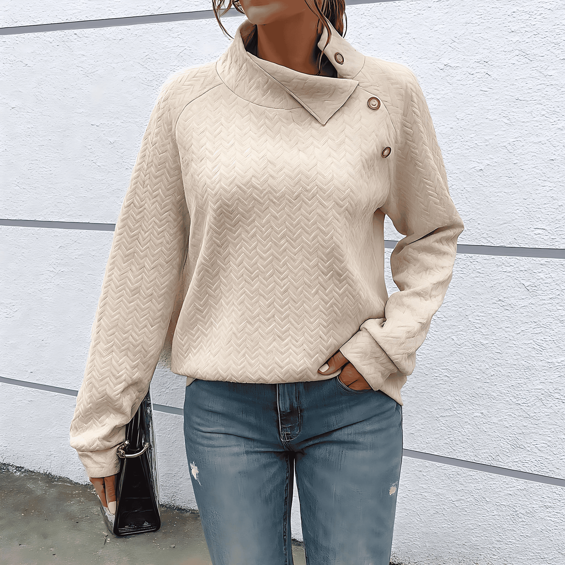 Studio Harvyn | Women - High Neck Sweatshirt - Chevron Knit Texture