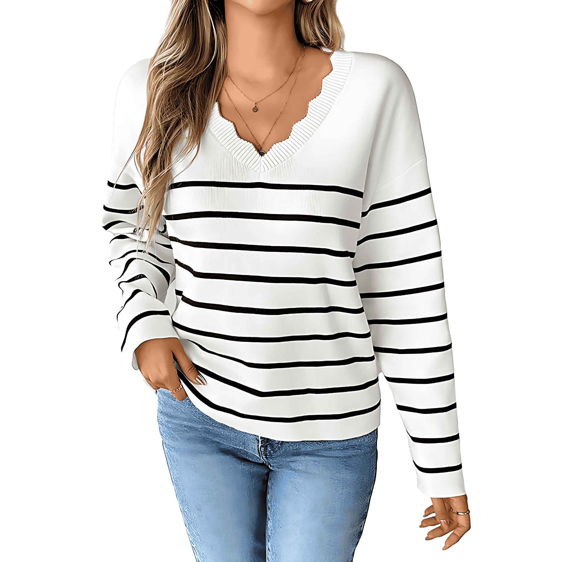 Studio Harvyn | Women - Knitted V-Neck Jumper - Striped Pattern