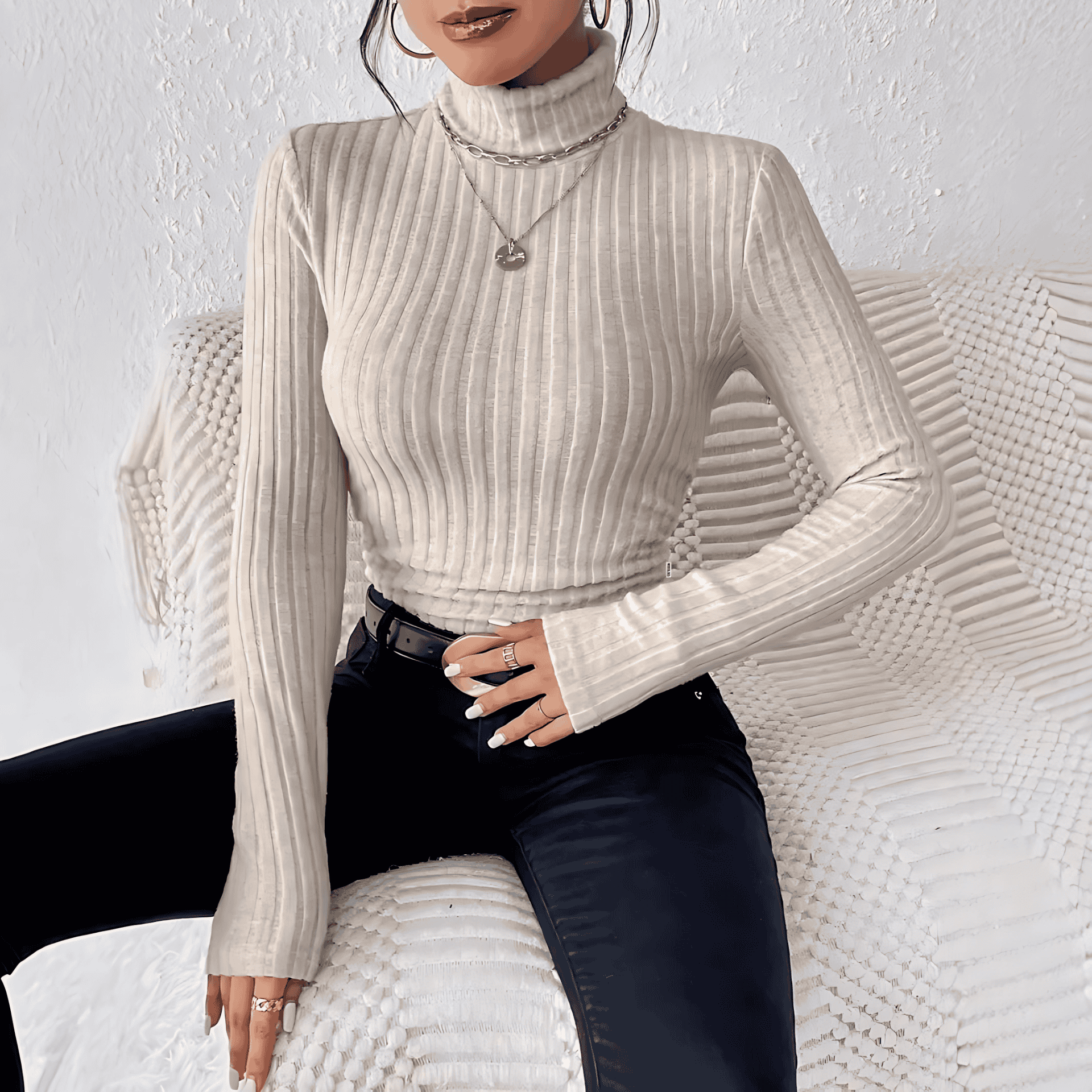 Studio Harvyn | Women - Long Sleeve Turtleneck Jumper - Fine Rib Knit Design