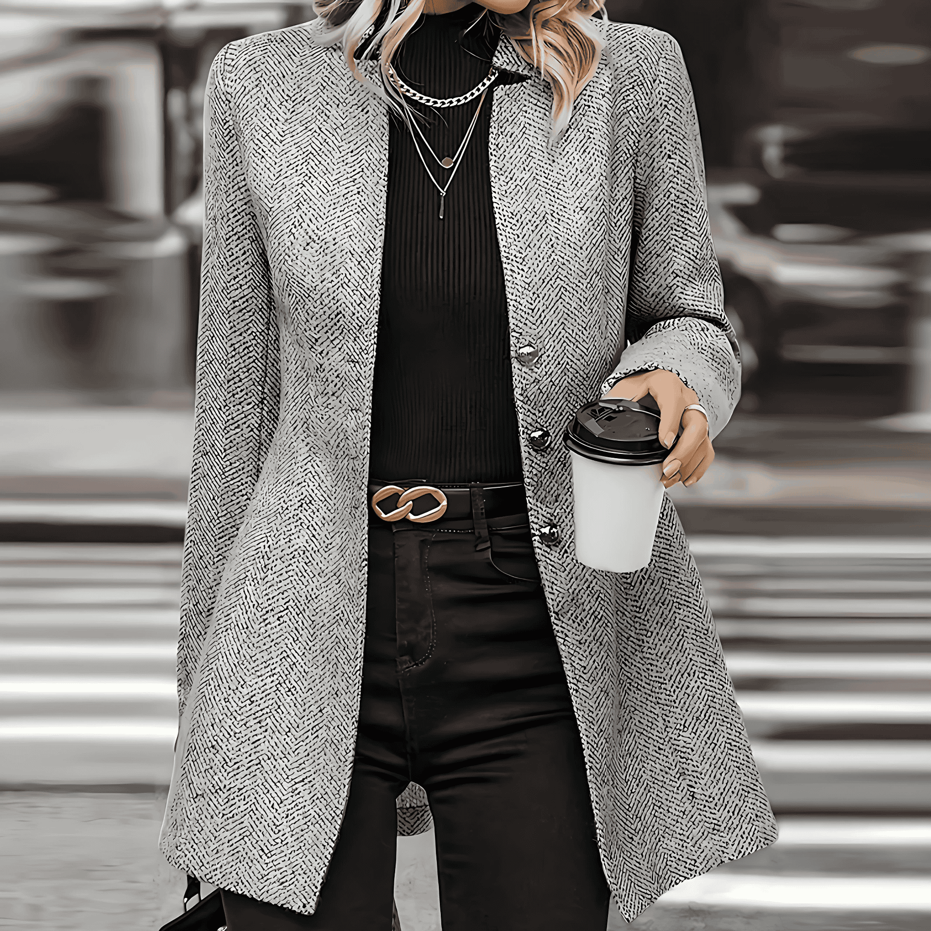 Studio Harvyn | Women - Longline Herringbone Coat - Tailored Style