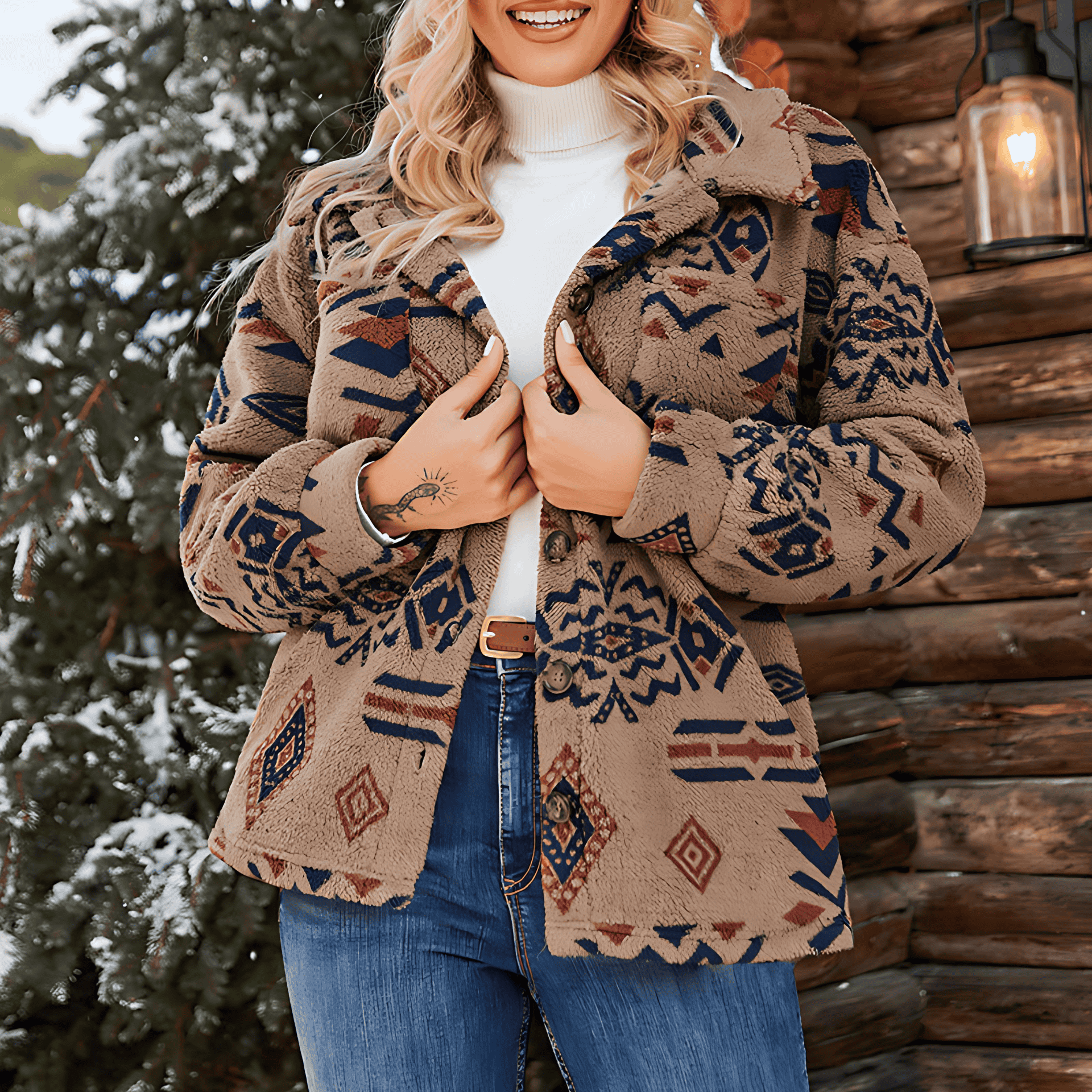 Studio Harvyn | Women - Oversized Plush Jacket - Fuzzy Geometric Pattern