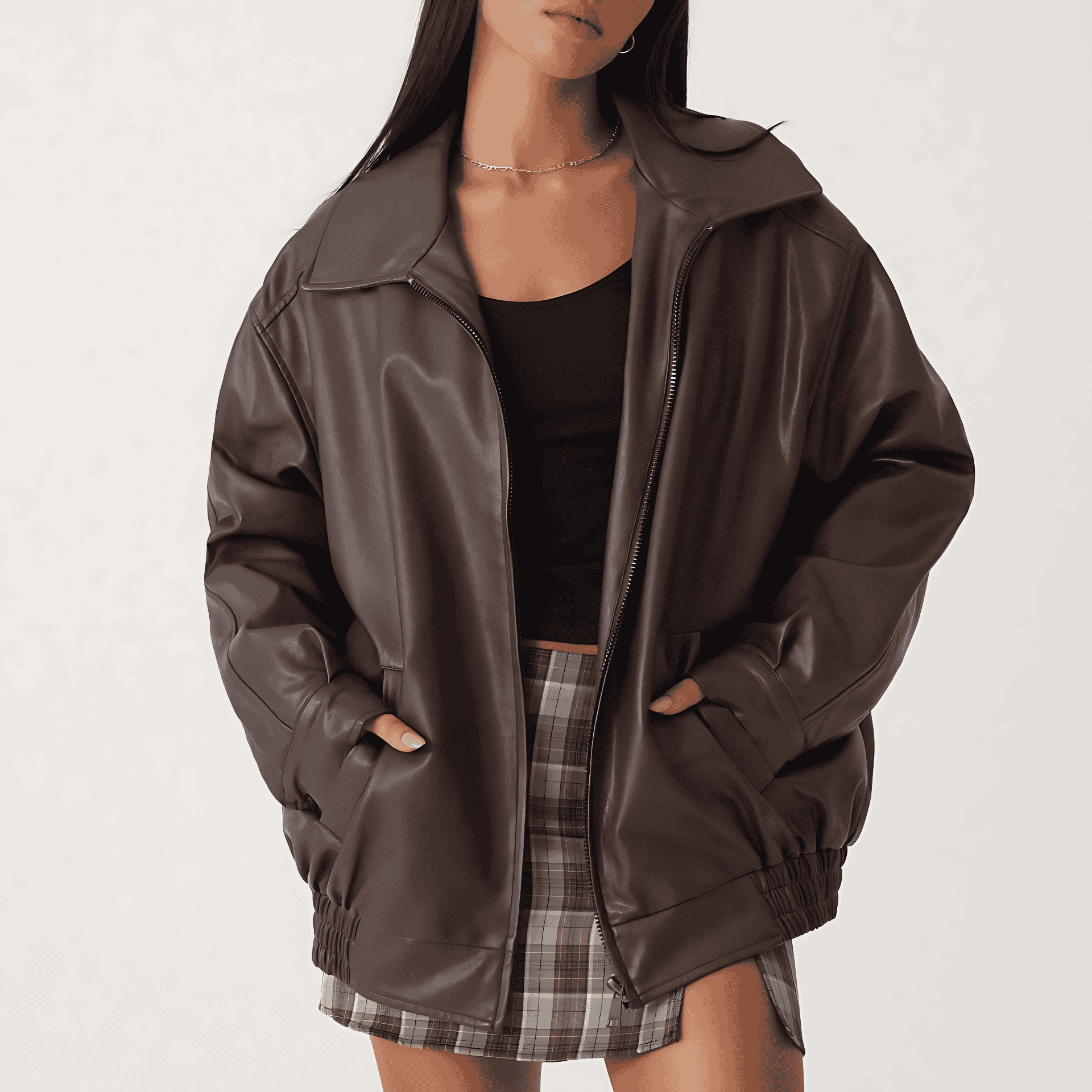 Studio Harvyn | Women - Relaxed Leather Jacket - Zip-Up High Collar Fit