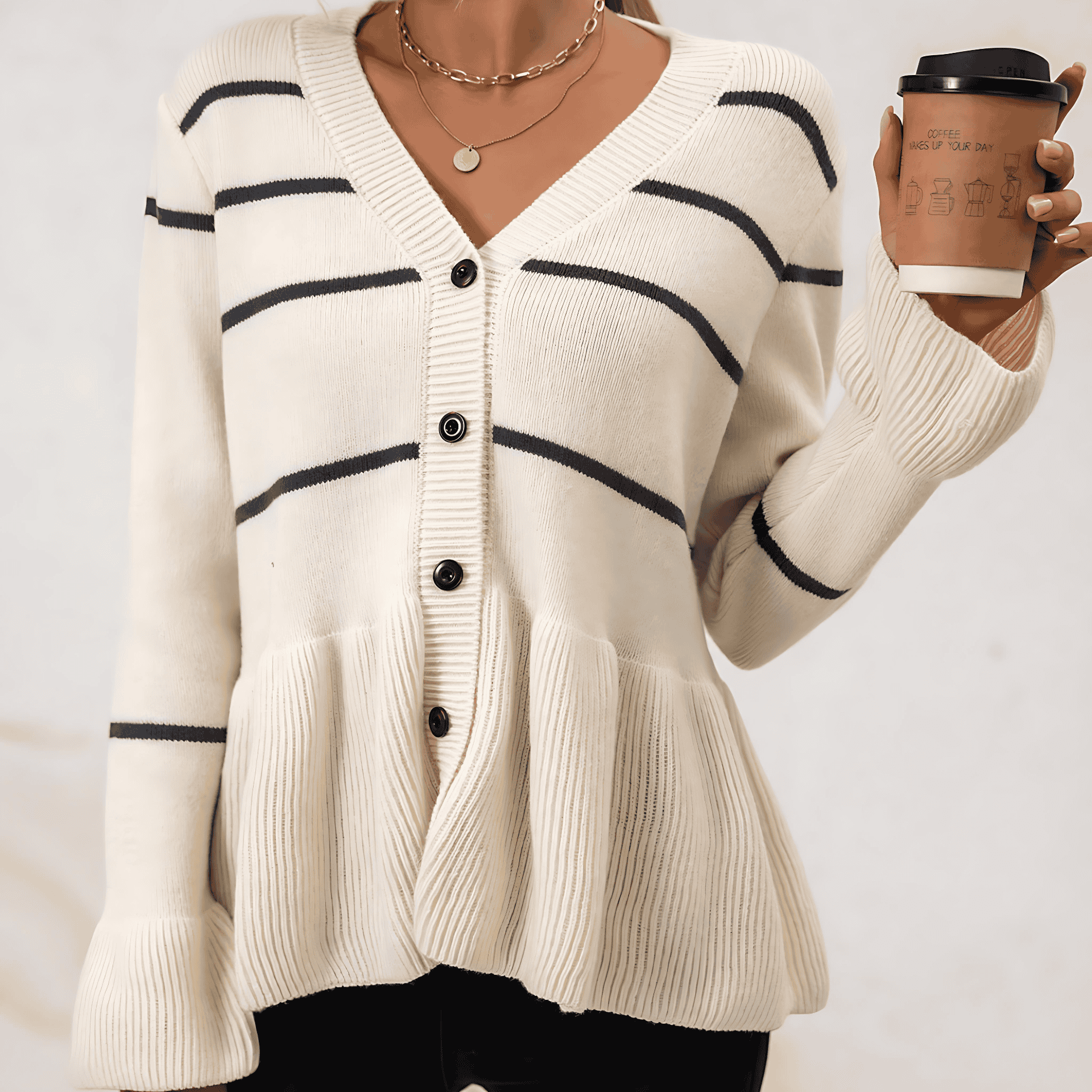 Studio Harvyn | Women - V-Neck Loose Fit Cardigan with Peplum Hem