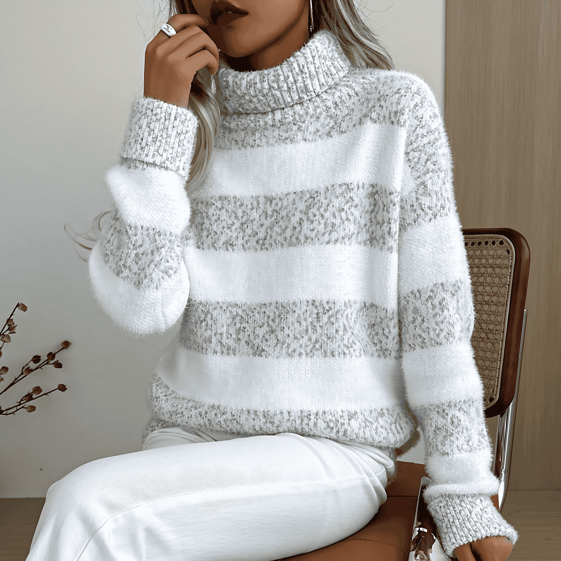 Studio Harvyn | Women – Grey Striped Turtleneck Jumper - Cosy Style