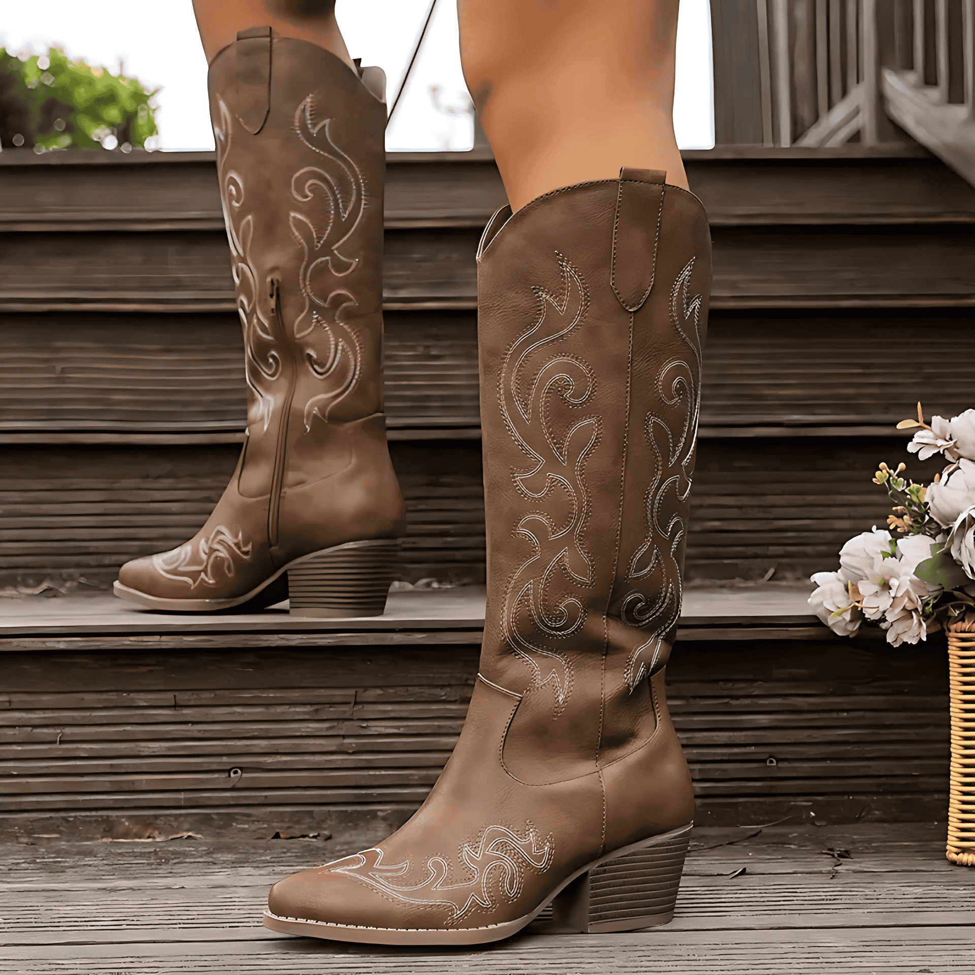 Studio Harvyn | Women – Knee-High Western Boots - Embroidered Style