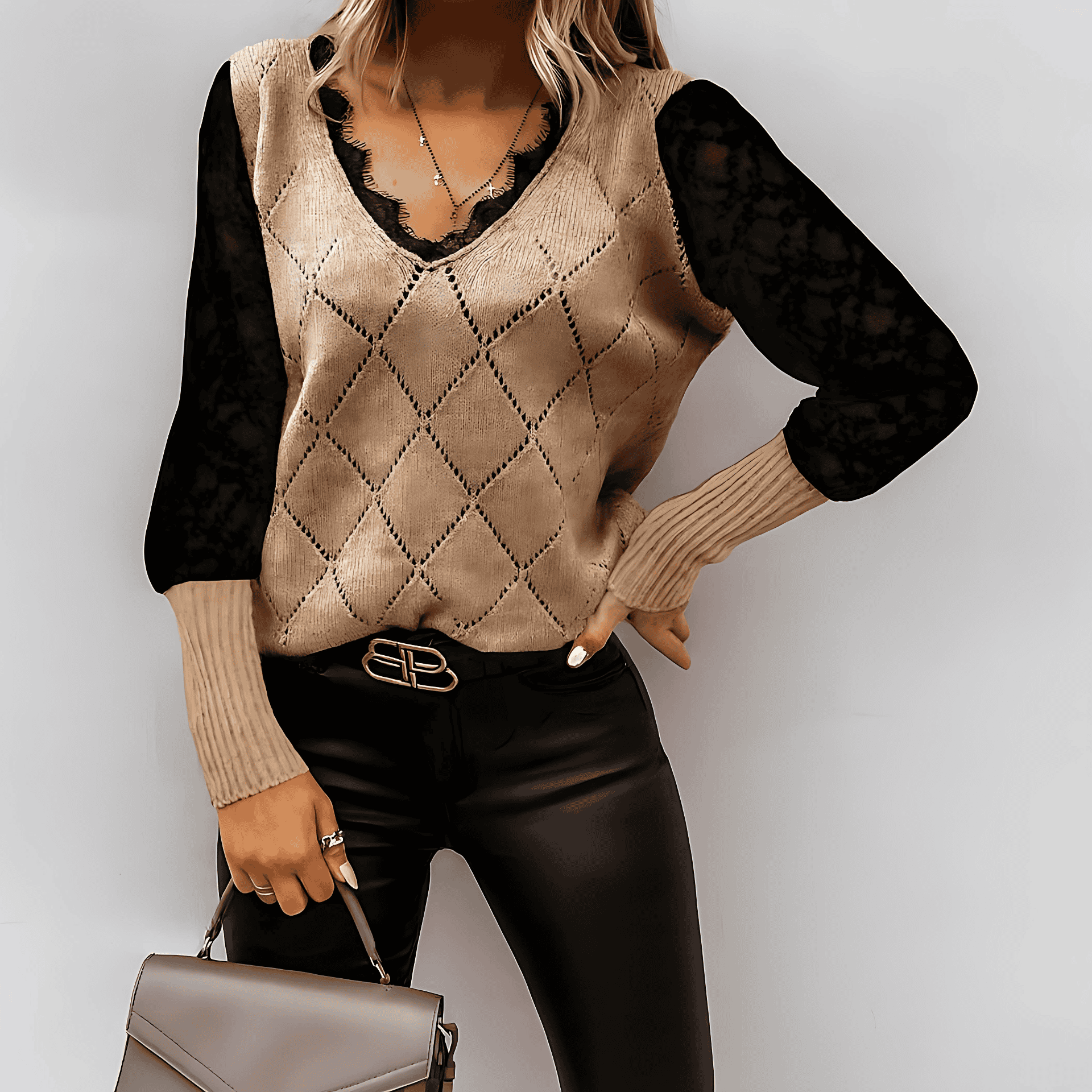 Studio Harvyn | Women – Lace Trim V-Neck Sweatshirt - Knit Blend