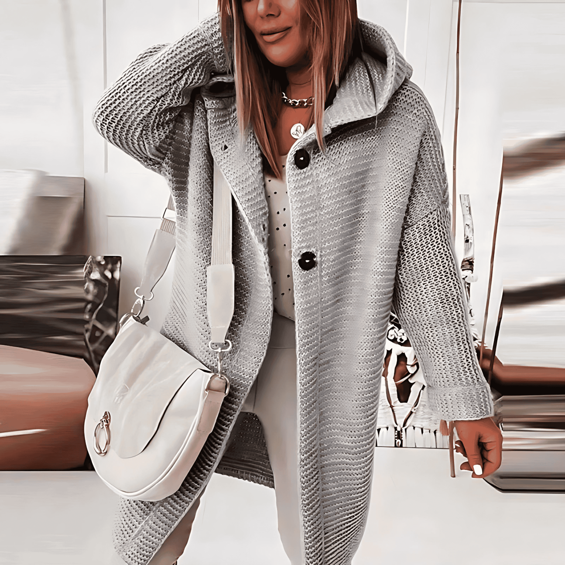Studio Harvyn | Women – Long Hooded Knit Cardigan - Button Front