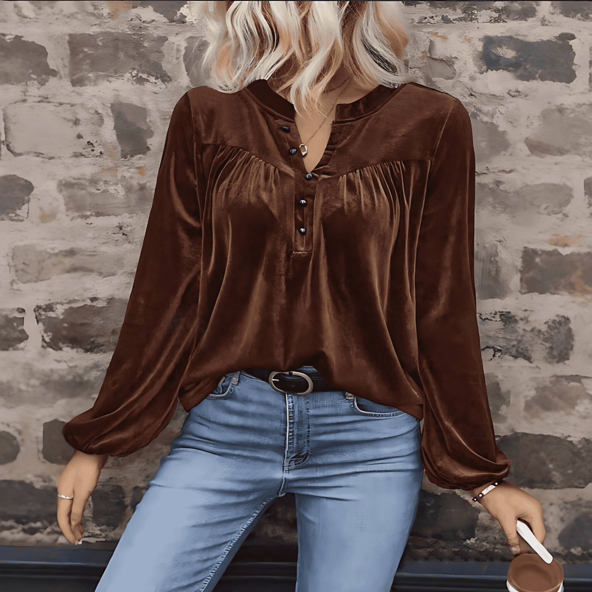 Studio Harvyn | Women – Long Sleeve Velvet Top - V-Neck with Buttons