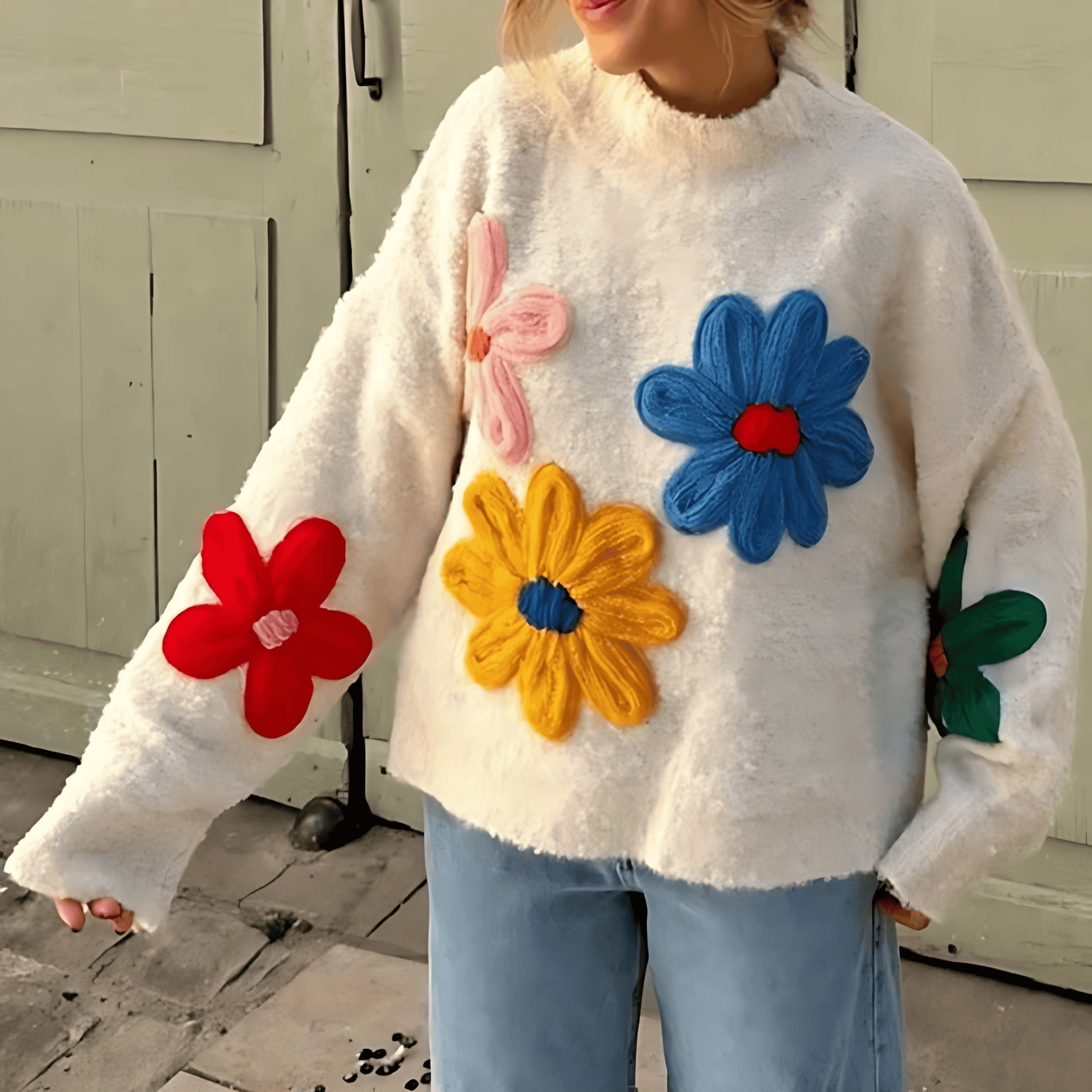 Studio Harvyn | Women – Oversized White Floral Jumper - Chunky Knit