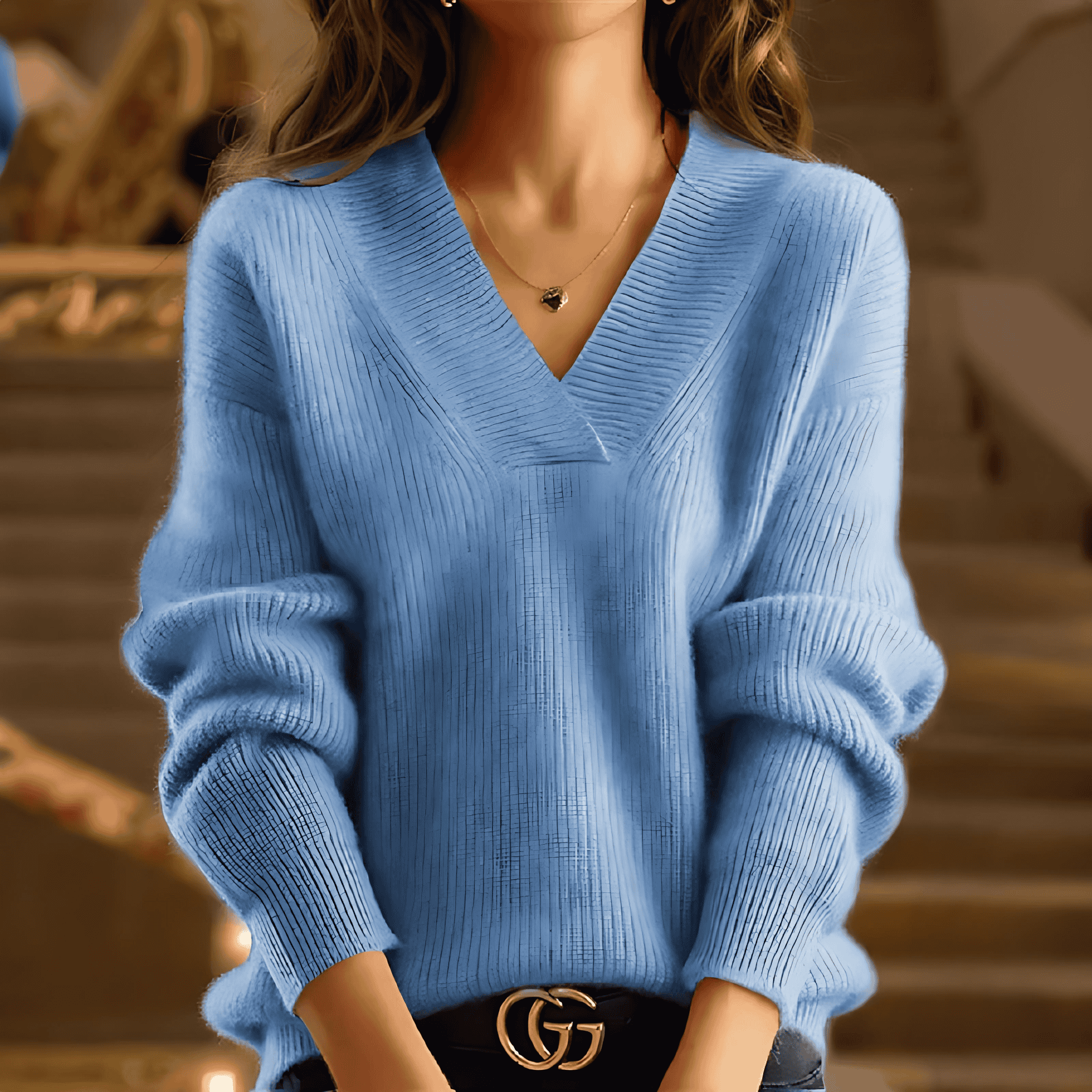 Studio Harvyn | Women – V-Neck Long Knit Sweatshirt – Ribbed Texture