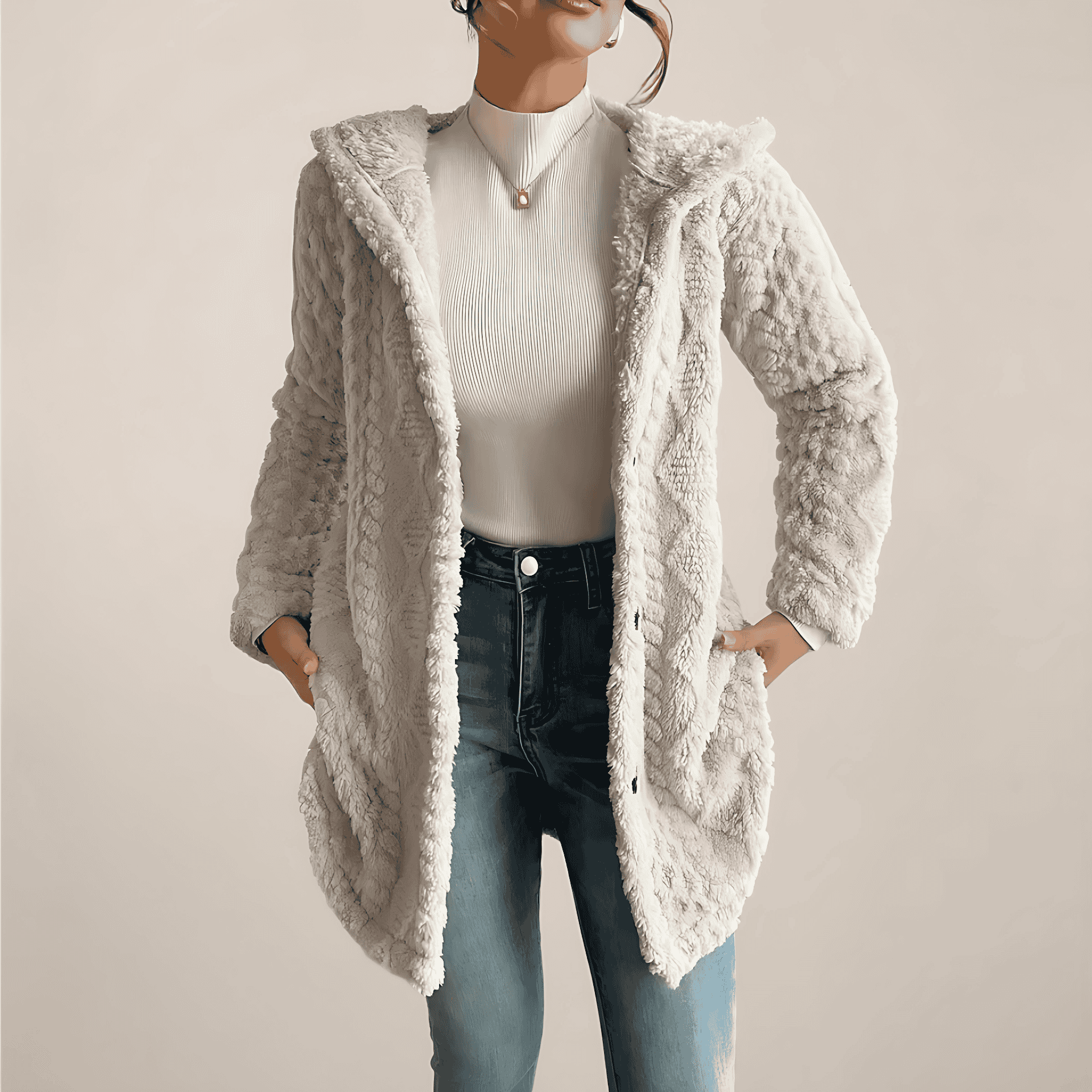 Studio Harvyn  Women - Hooded Jacquard Plush Coat - Cosy Cardigan