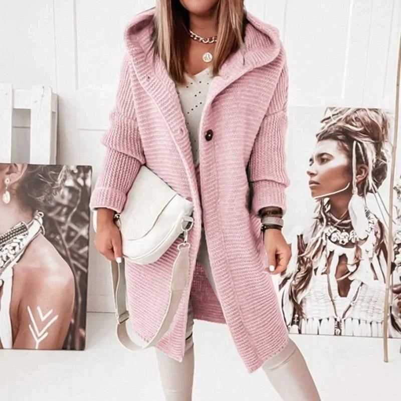 Studio Harvyn | Women – Long Hooded Knit Cardigan - Button Front