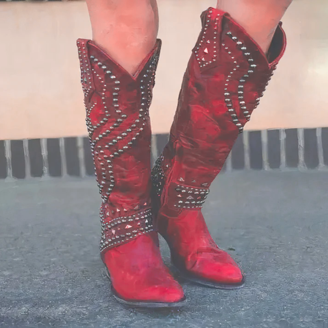 Studio Harvyn | Women - Distressed Knee-High Cowboy Boots - Riveted