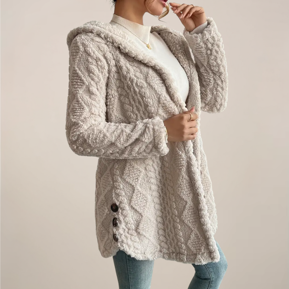 Studio Harvyn  Women - Hooded Jacquard Plush Coat - Cosy Cardigan