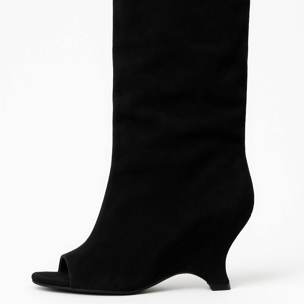 Studio Harvyn | Women - Knee-High Peep Toe Wedge Boots - Slouchy Style