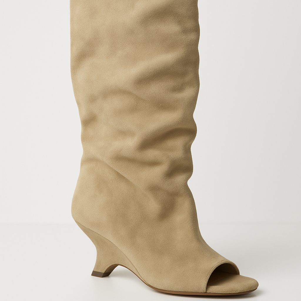 Studio Harvyn | Women - Knee-High Peep Toe Wedge Boots - Slouchy Style