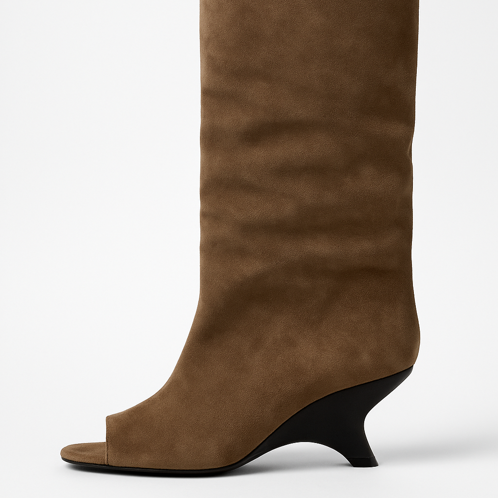 Studio Harvyn | Women - Knee-High Peep Toe Wedge Boots - Slouchy Style