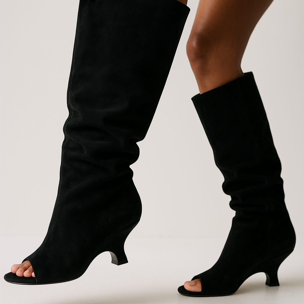 Studio Harvyn | Women - Knee-High Peep Toe Wedge Boots - Slouchy Style