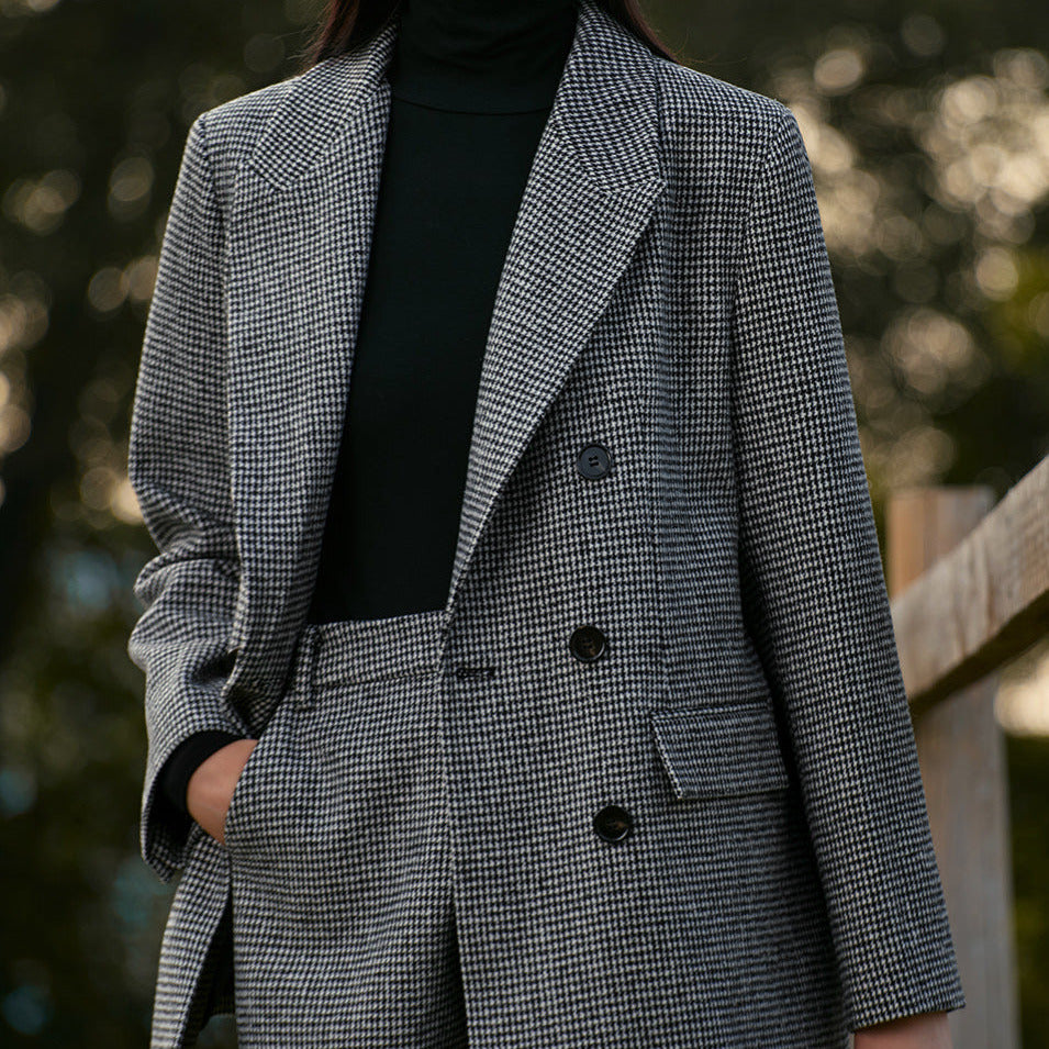 Studio Harvyn | Women - Double-Breasted Tweed Blazer - Houndstooth pattern