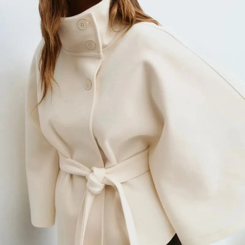 Studio Harvyn | Women - Funnel Neck Short Cape Coat - Belted Waist