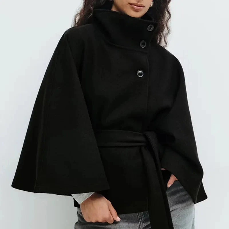 Studio Harvyn | Women - Funnel Neck Short Cape Coat - Belted Waist