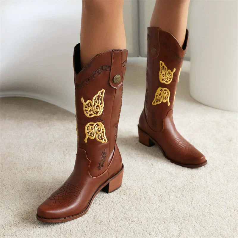 Studio Harvyn | Women - Embroidered Leather Western Boots - Mid-Calf