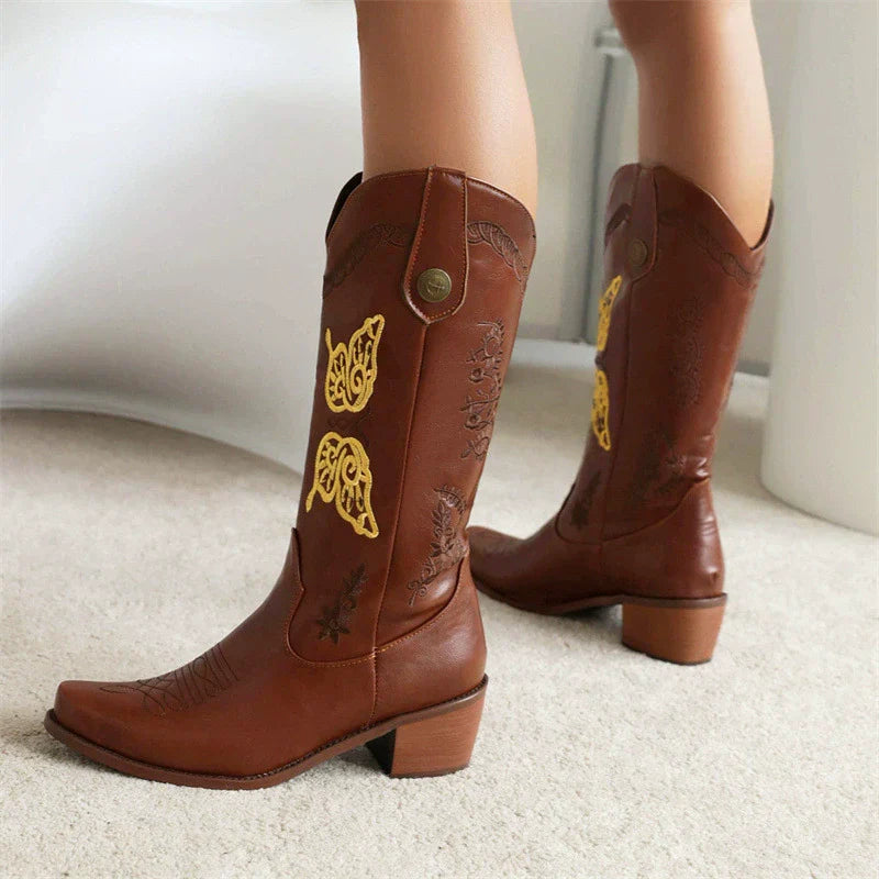 Studio Harvyn | Women - Embroidered Leather Western Boots - Mid-Calf