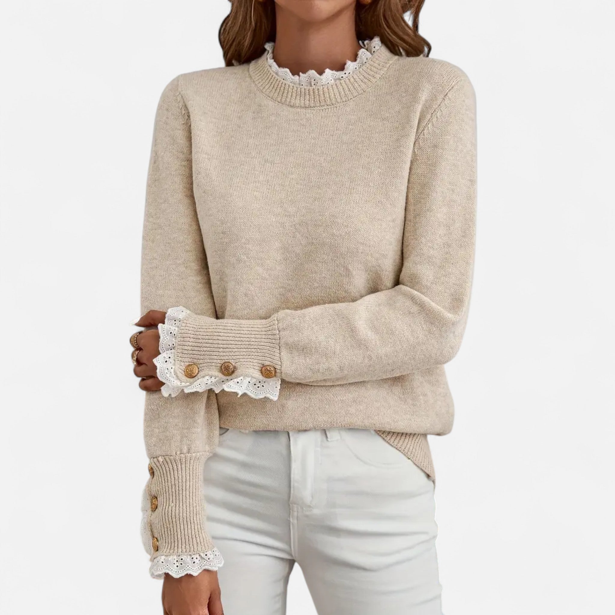 Studio Harvyn | Women - Elegant Beige Lace Detail Crew Neck Jumper